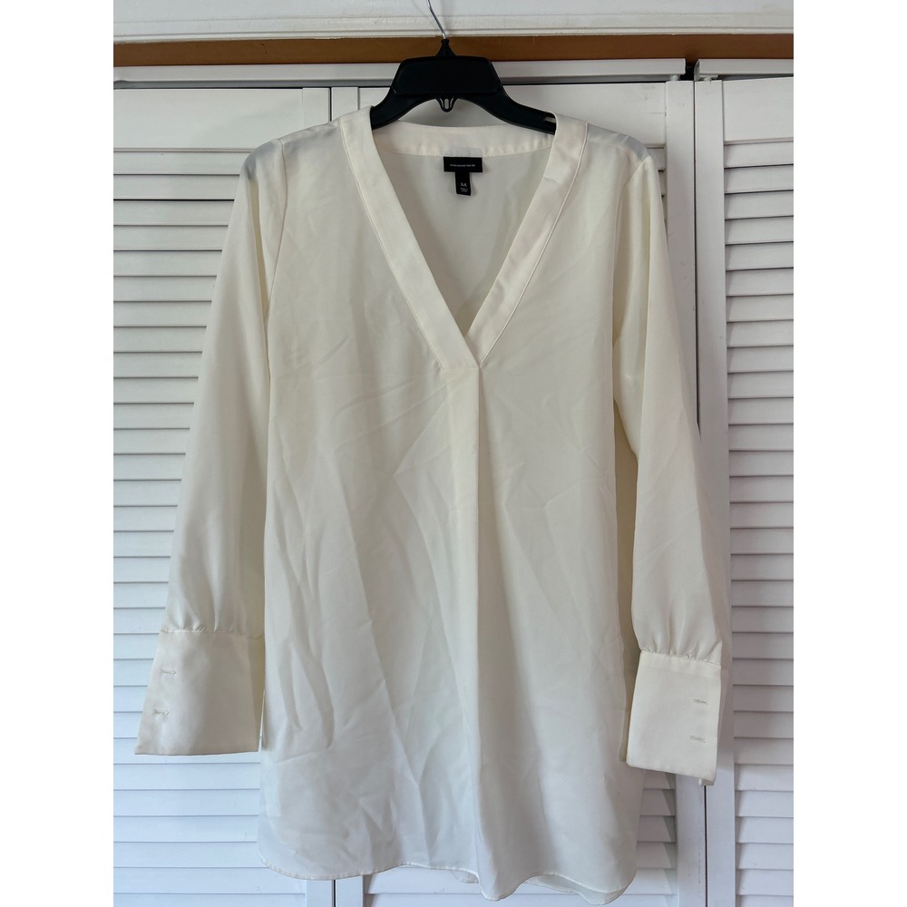 Who What Wear Cream V-Neck Long Sleeve Tunic Blouse Wide Cuffs Size M